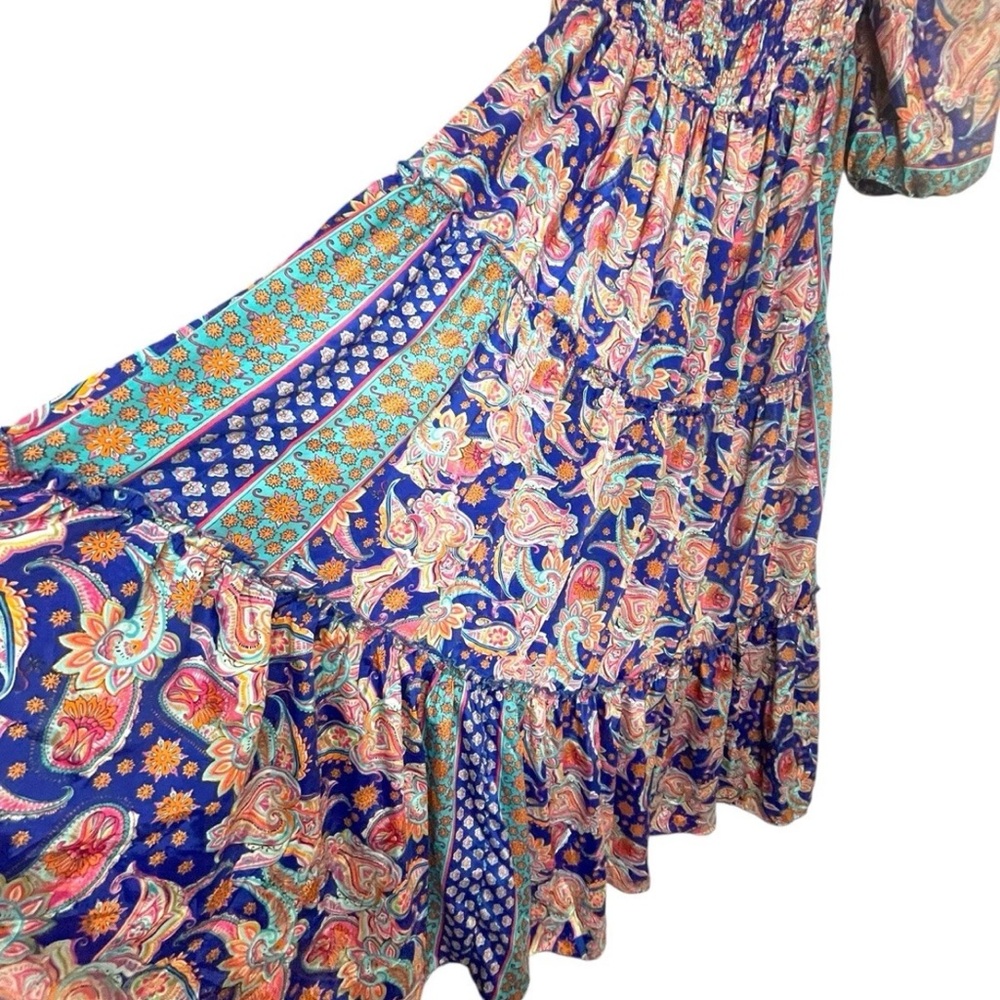 ME 2 MAGIC Anthropologie Bohemian Smocked Maxi Tiered Dress Large Balloon Sleeve - Picture 3 of 8